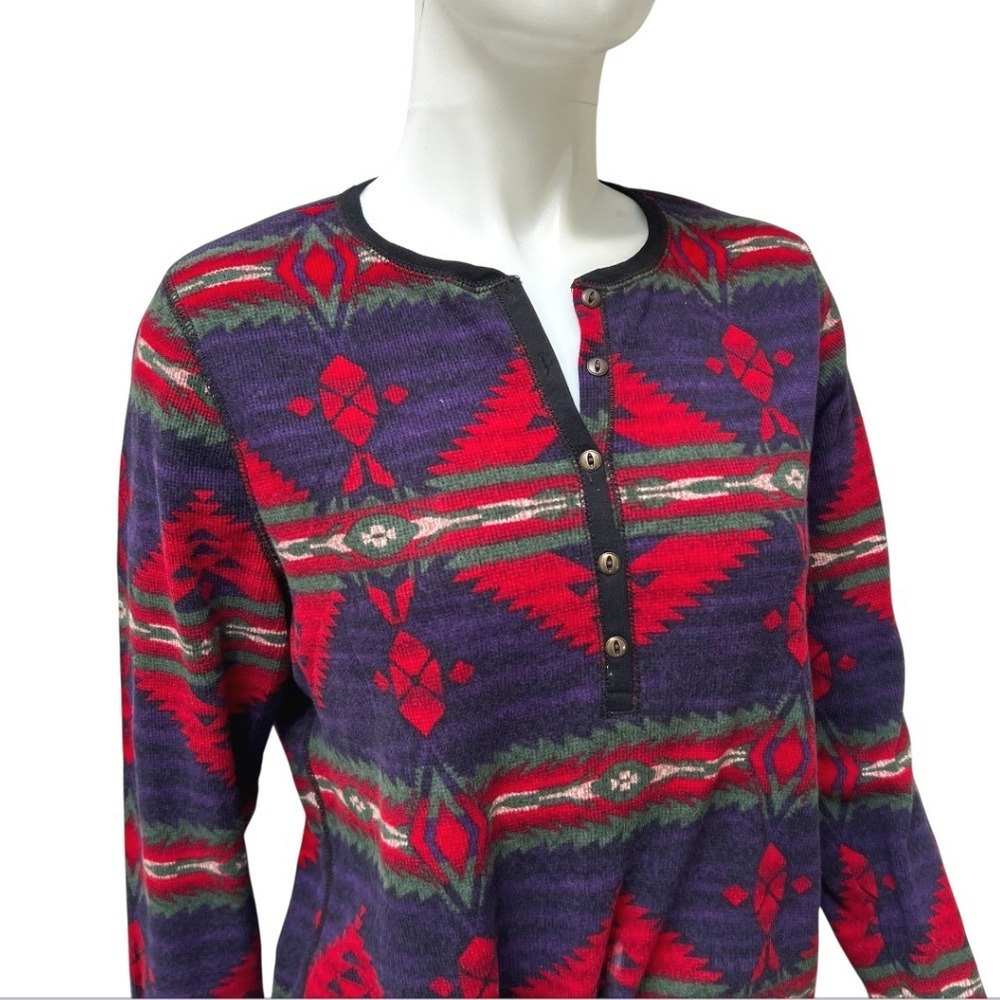 Chaps Denim Womens 1X Southwestern Aztec Thermal Henley Shirt Purple Red Cotton - Picture 10 of 14